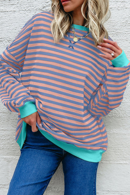 White Striped Contrast Trim Drop Shoulder Sweatshirt