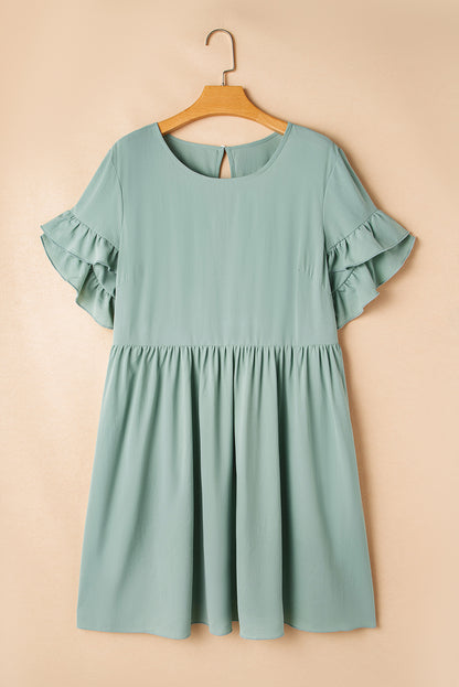 Grass Green Plain Ruffle Hem Plus Size Flared Mini Dress