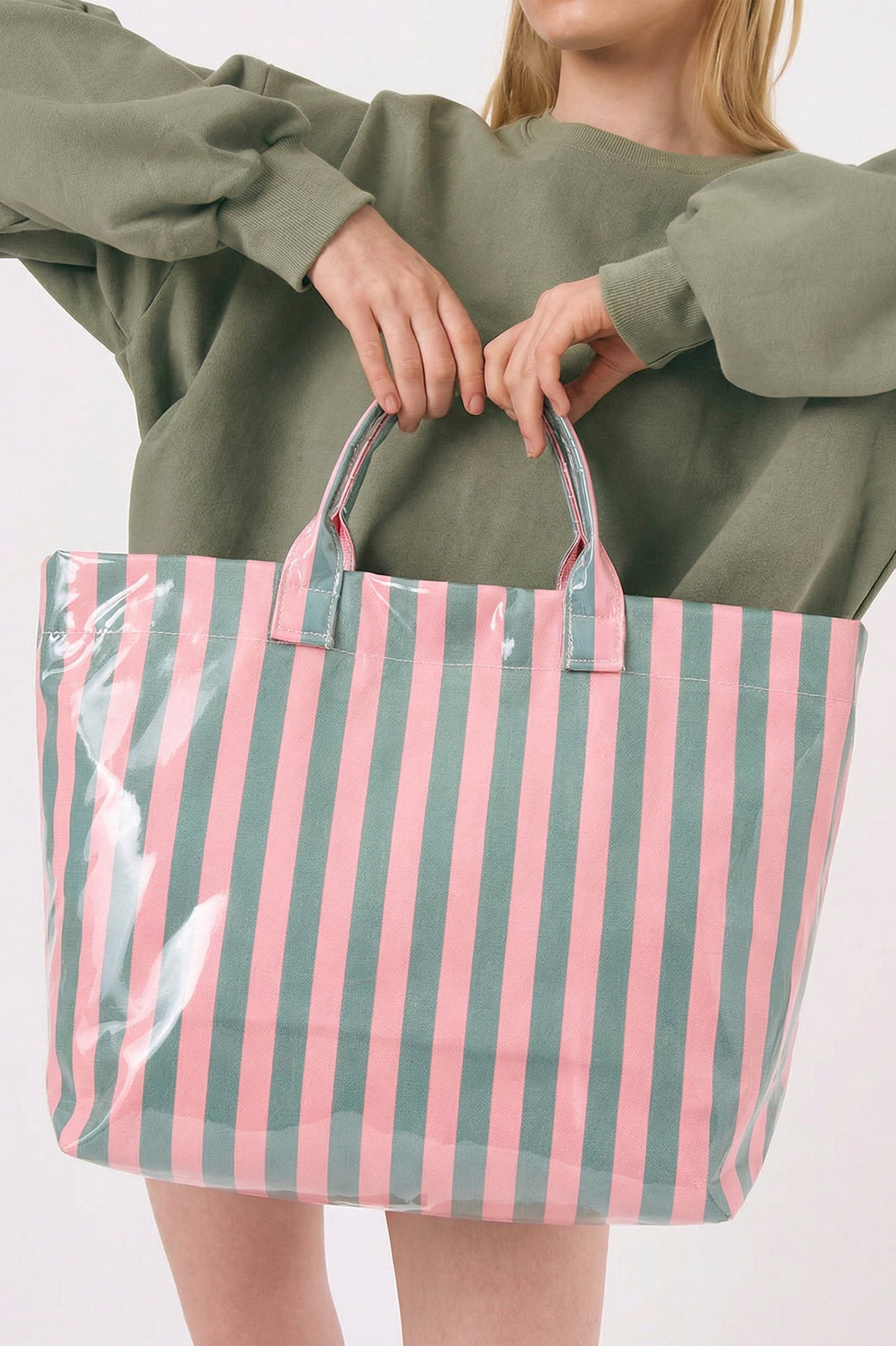 Light Blue Glossy Striped Vinyl Large Tote Bag (Batch Color Gap)