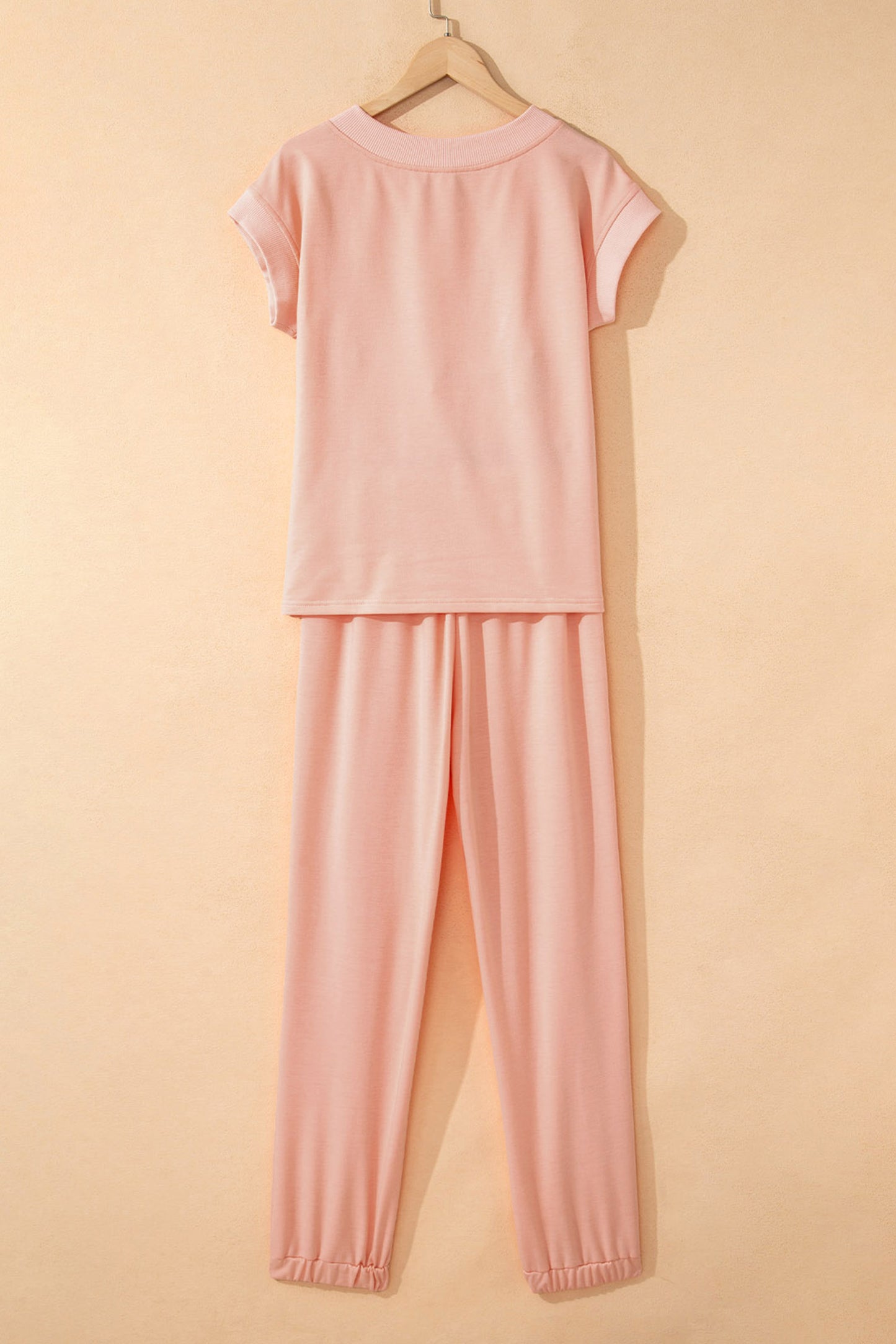 Bonbon Solid Color V Neck Tee Drawstring Pant Set