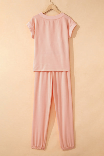 Bonbon Solid Color V Neck Tee Drawstring Pant Set