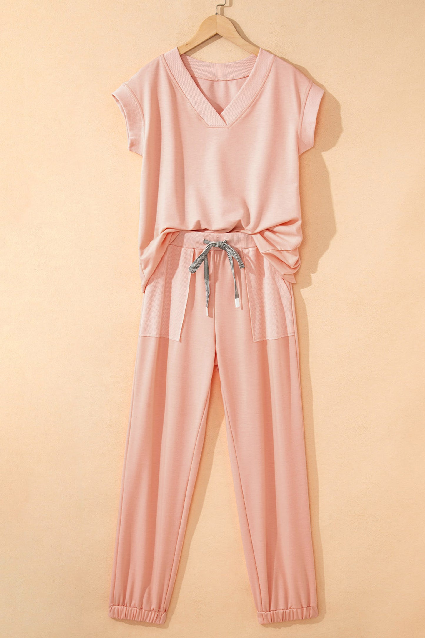 Bonbon Solid Color V Neck Tee Drawstring Pant Set