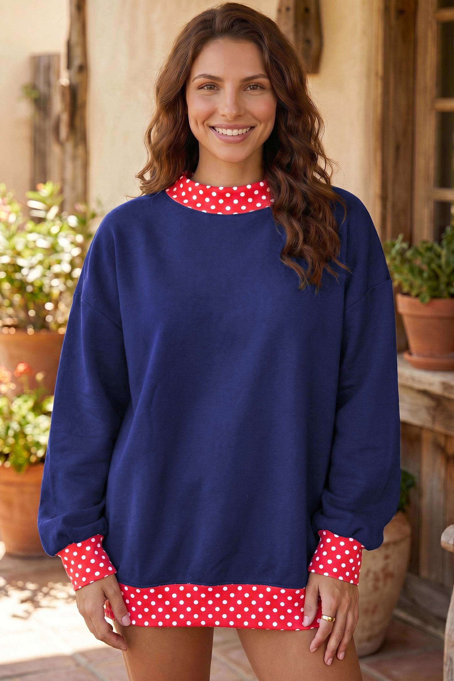 Orange Colorblock Polka Dot Contrast Trim Oversized Sweatshirt
