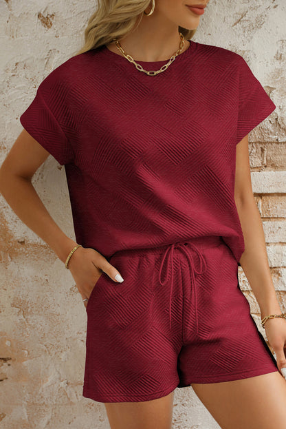 Dark Blue Textured Short Sleeve Top and Shorts Set
