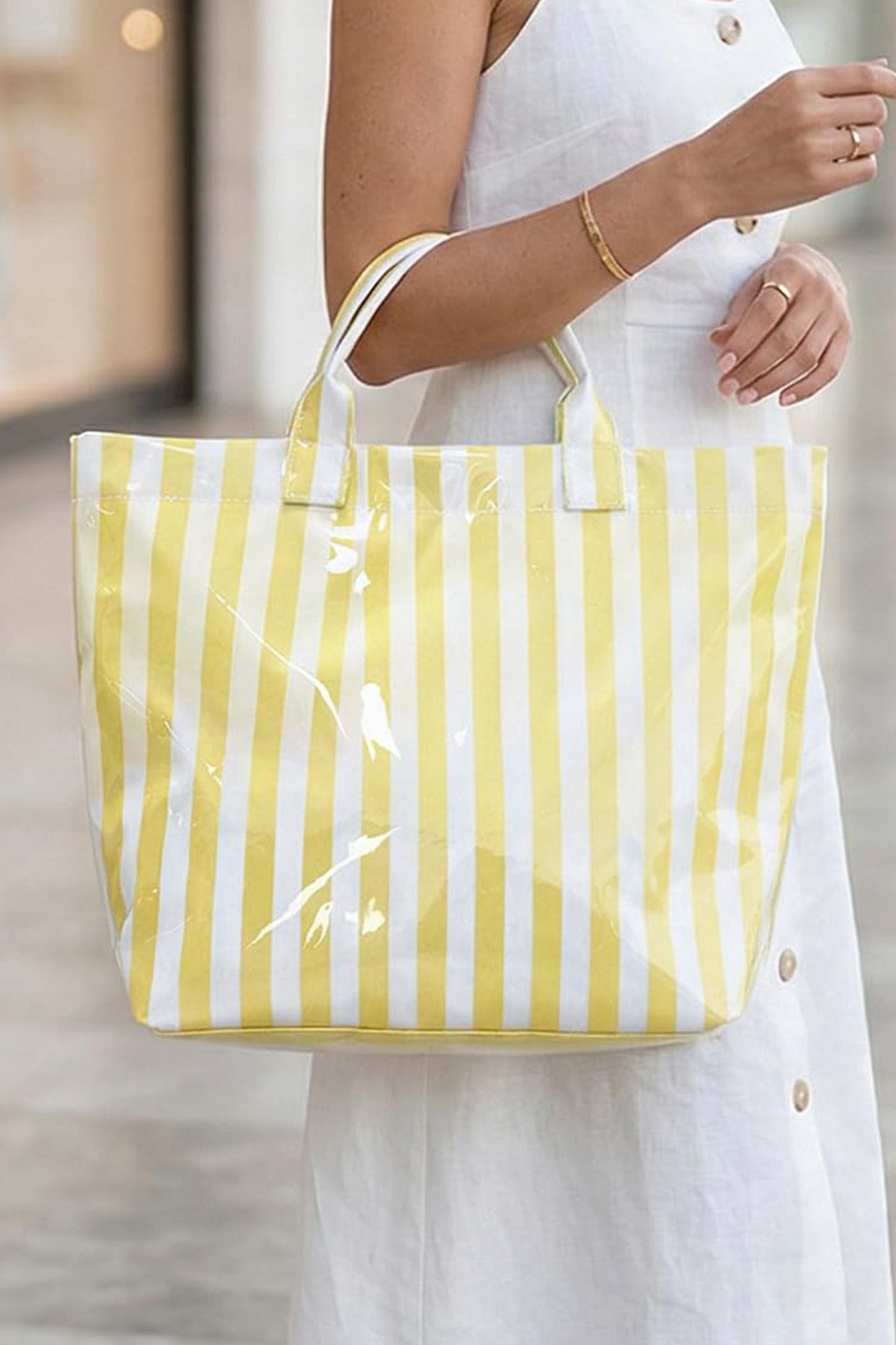 Light Blue Glossy Striped Vinyl Large Tote Bag (Batch Color Gap)