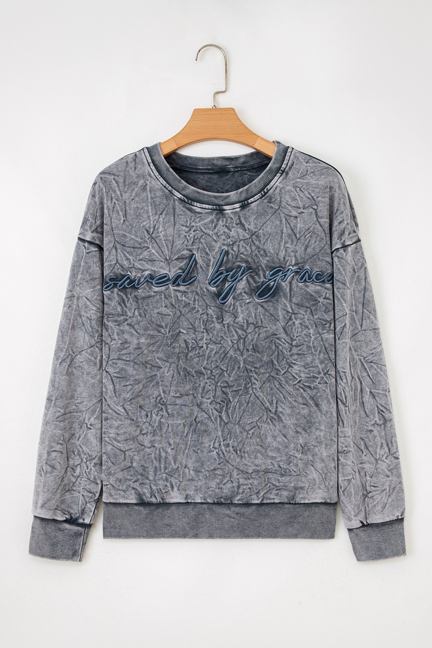 Sea Green  saved by grace Letter Embroidery Mineral Wash Loose Sweatshirt