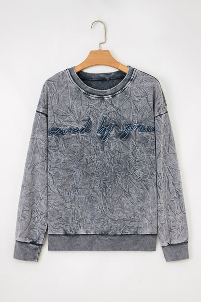 Sea Green  saved by grace Letter Embroidery Mineral Wash Loose Sweatshirt