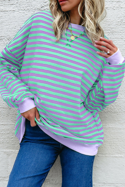 White Striped Contrast Trim Drop Shoulder Sweatshirt