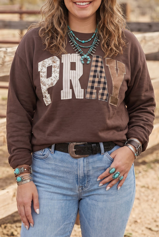 Coffee PRAY Letter Patchwork Round Neck Long Sleeve Plus Size Sweatshirt