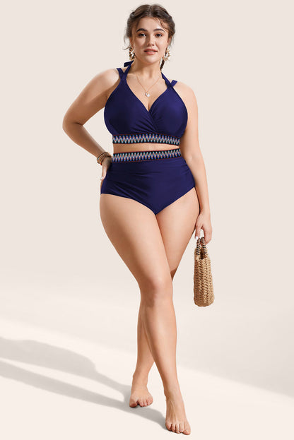 Navy Blue Embroidered Trim Wrap Tie Knot Plus Size High Waisted Bikini Set