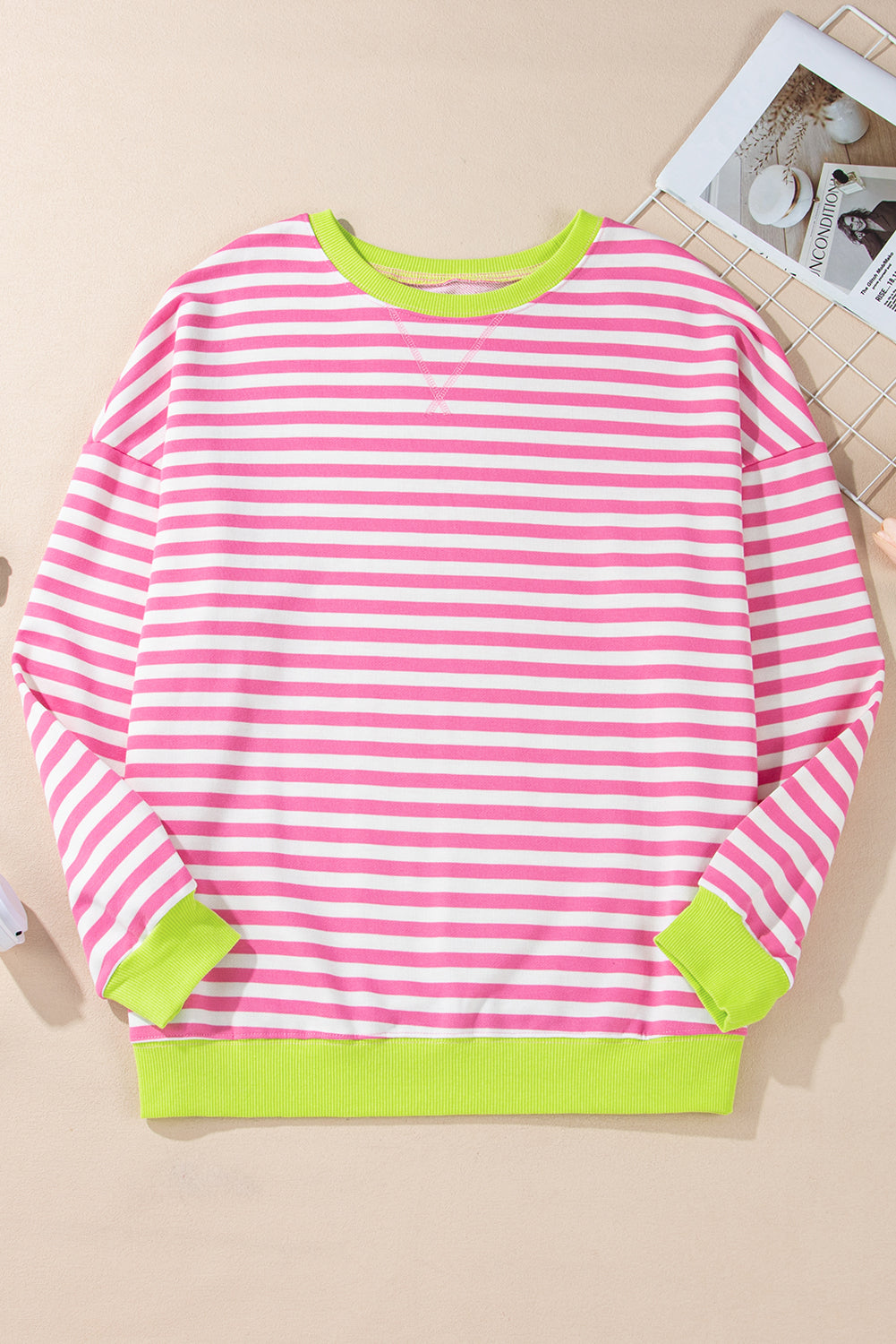 White Striped Contrast Trim Drop Shoulder Sweatshirt
