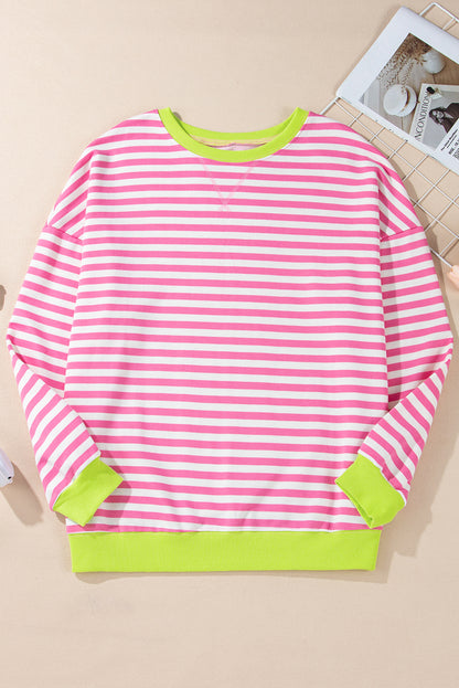White Striped Contrast Trim Drop Shoulder Sweatshirt