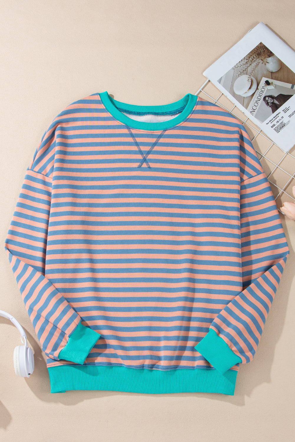 White Striped Contrast Trim Drop Shoulder Sweatshirt