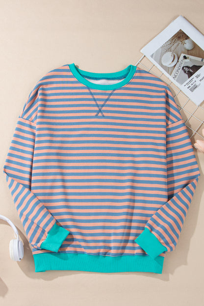 White Striped Contrast Trim Drop Shoulder Sweatshirt