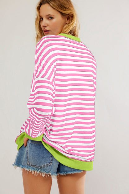 White Striped Contrast Trim Drop Shoulder Sweatshirt