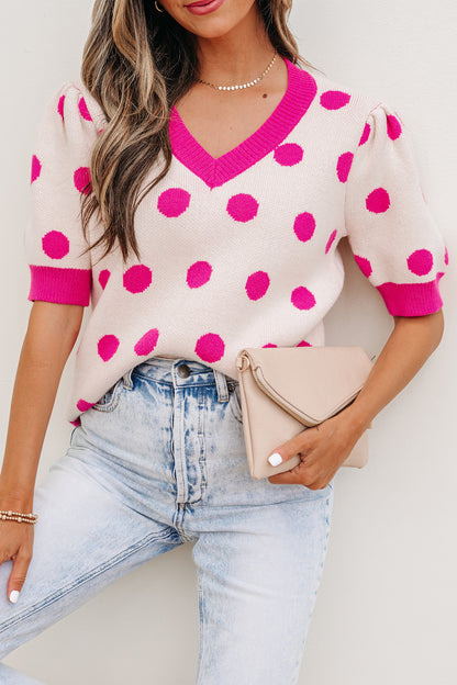 Light Blue Polka Dot Puff Short Sleeve Sweater Top