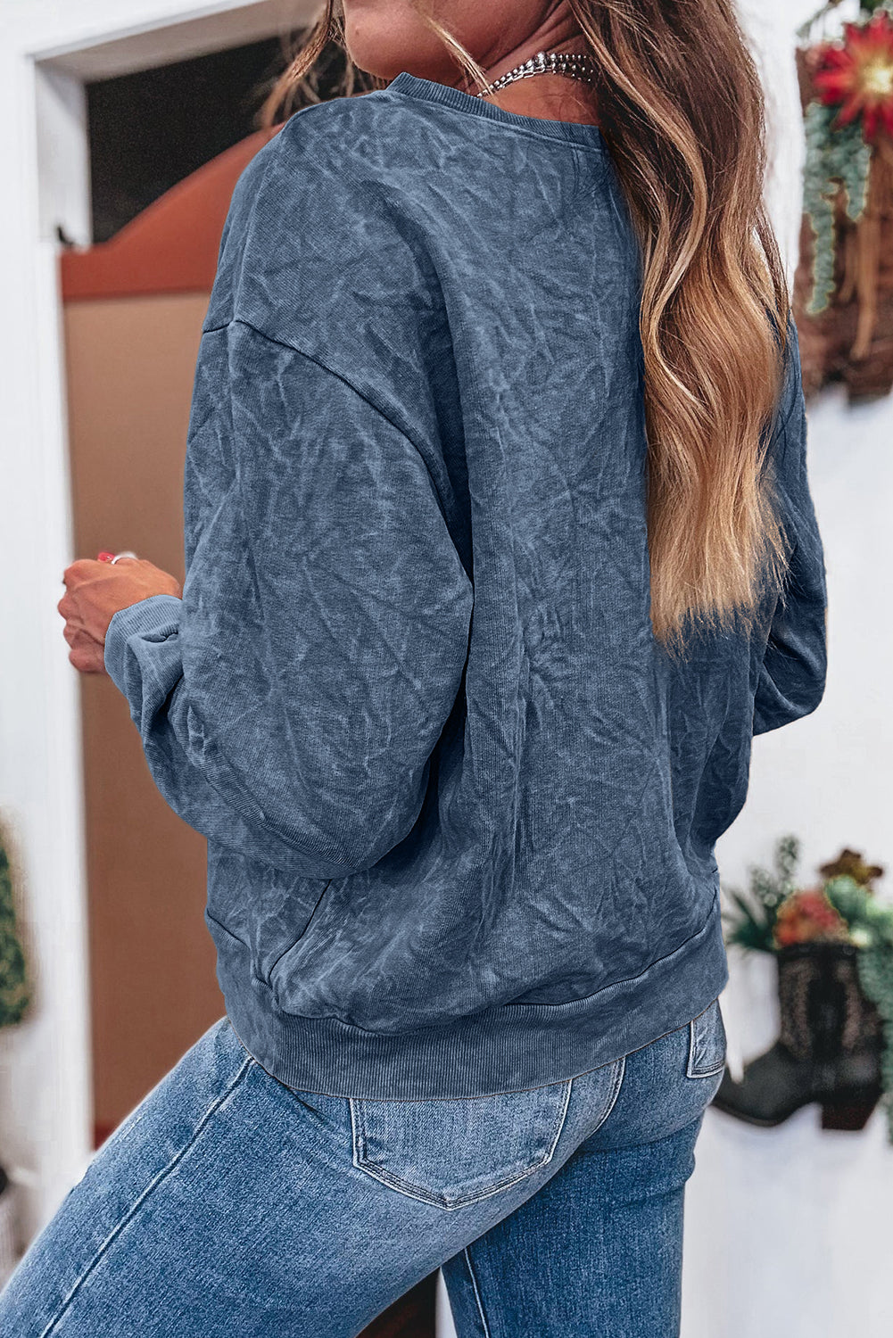 Sea Green  saved by grace Letter Embroidery Mineral Wash Loose Sweatshirt