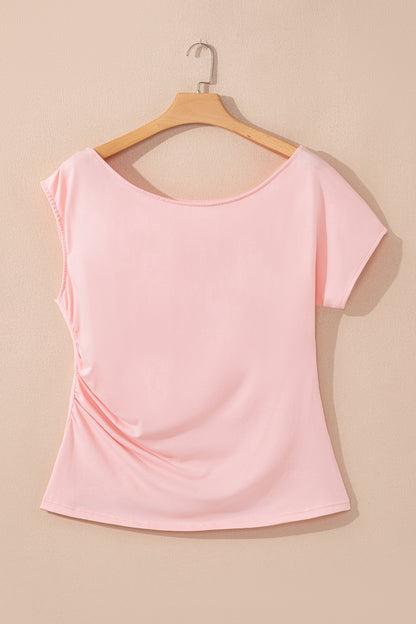 Burgundy Plus Size Solid Color Asymmetric Neck Short Sleeve Blouse