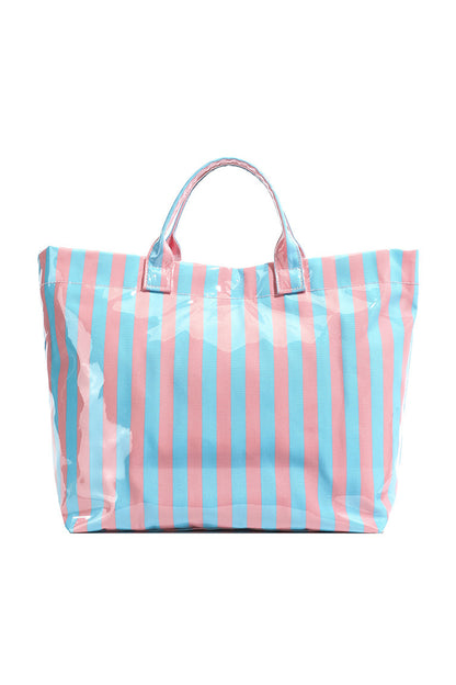 Light Blue Glossy Striped Vinyl Large Tote Bag (Batch Color Gap)