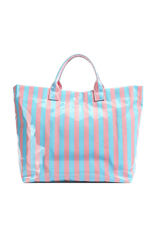 Light Blue Glossy Striped Vinyl Large Tote Bag (Batch Color Gap)