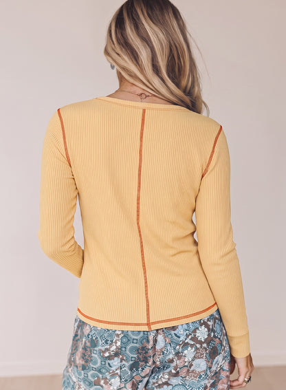 Peacock Blue V Neck Ribbed Stitched Detail Long Sleeve Top