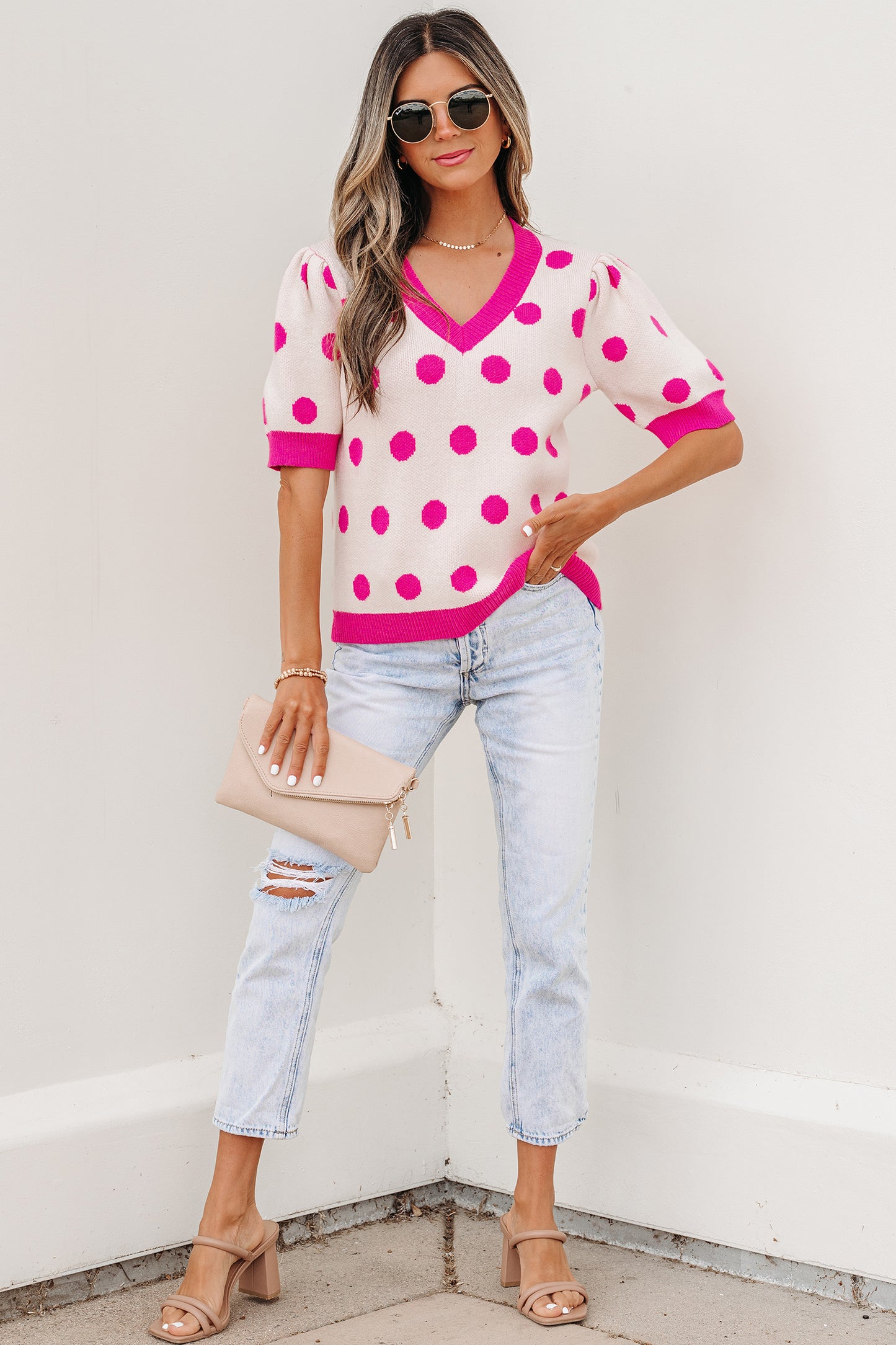 Light Blue Polka Dot Puff Short Sleeve Sweater Top