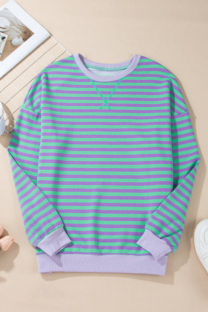 White Striped Contrast Trim Drop Shoulder Sweatshirt