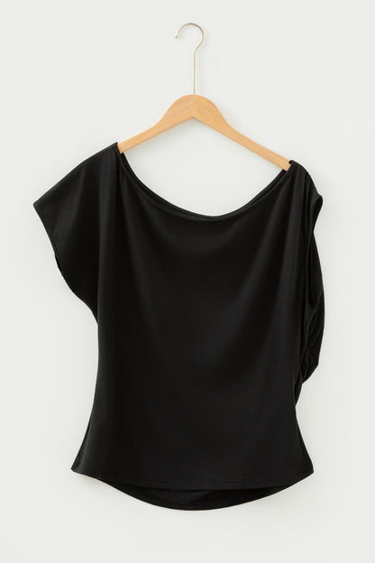 Burgundy Plus Size Solid Color Asymmetric Neck Short Sleeve Blouse