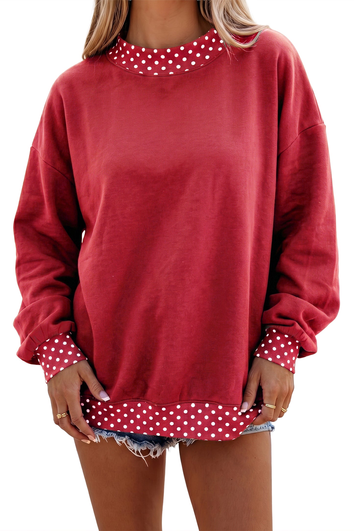Orange Colorblock Polka Dot Contrast Trim Oversized Sweatshirt