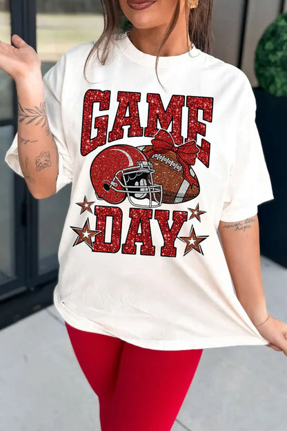White Glitter GAME DAY Rugby Printed Short Sleeve Casual Tee