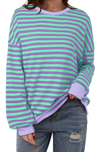 White Striped Contrast Trim Drop Shoulder Sweatshirt
