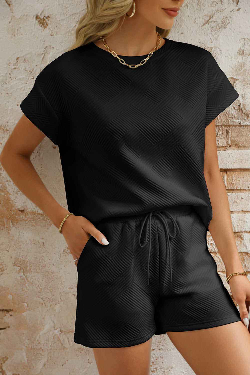 Dark Blue Textured Short Sleeve Top and Shorts Set