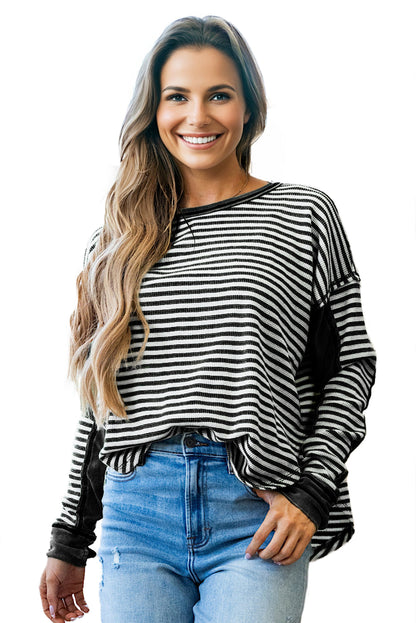 Green Striped Patchwork Knit Drop Shoulder Top
