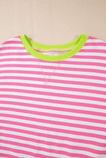 White Striped Contrast Trim Drop Shoulder Sweatshirt