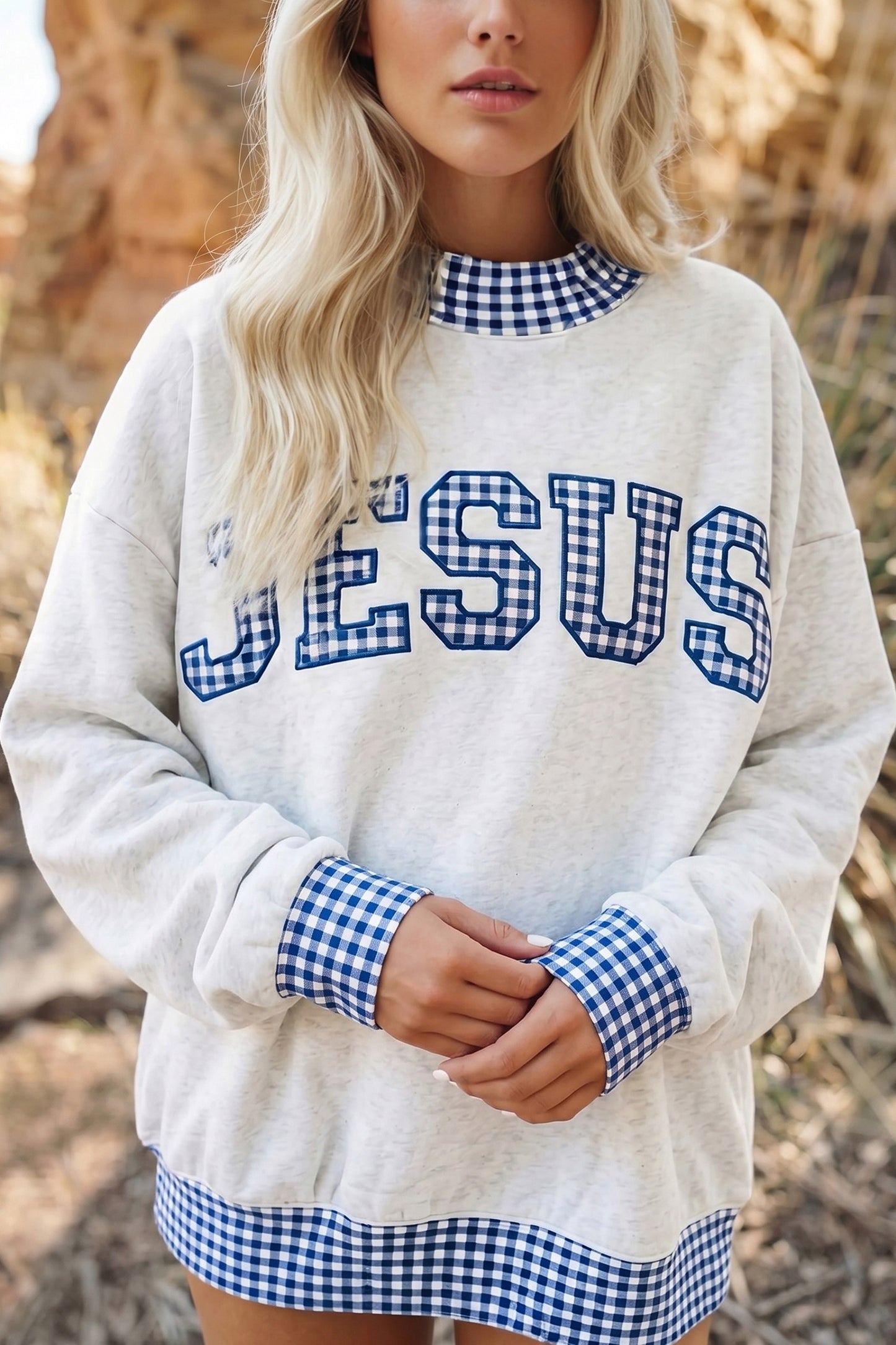 Dirty blue Plaid Trim High Neck GRACE Letter Graphic Baggy Sweatshirt