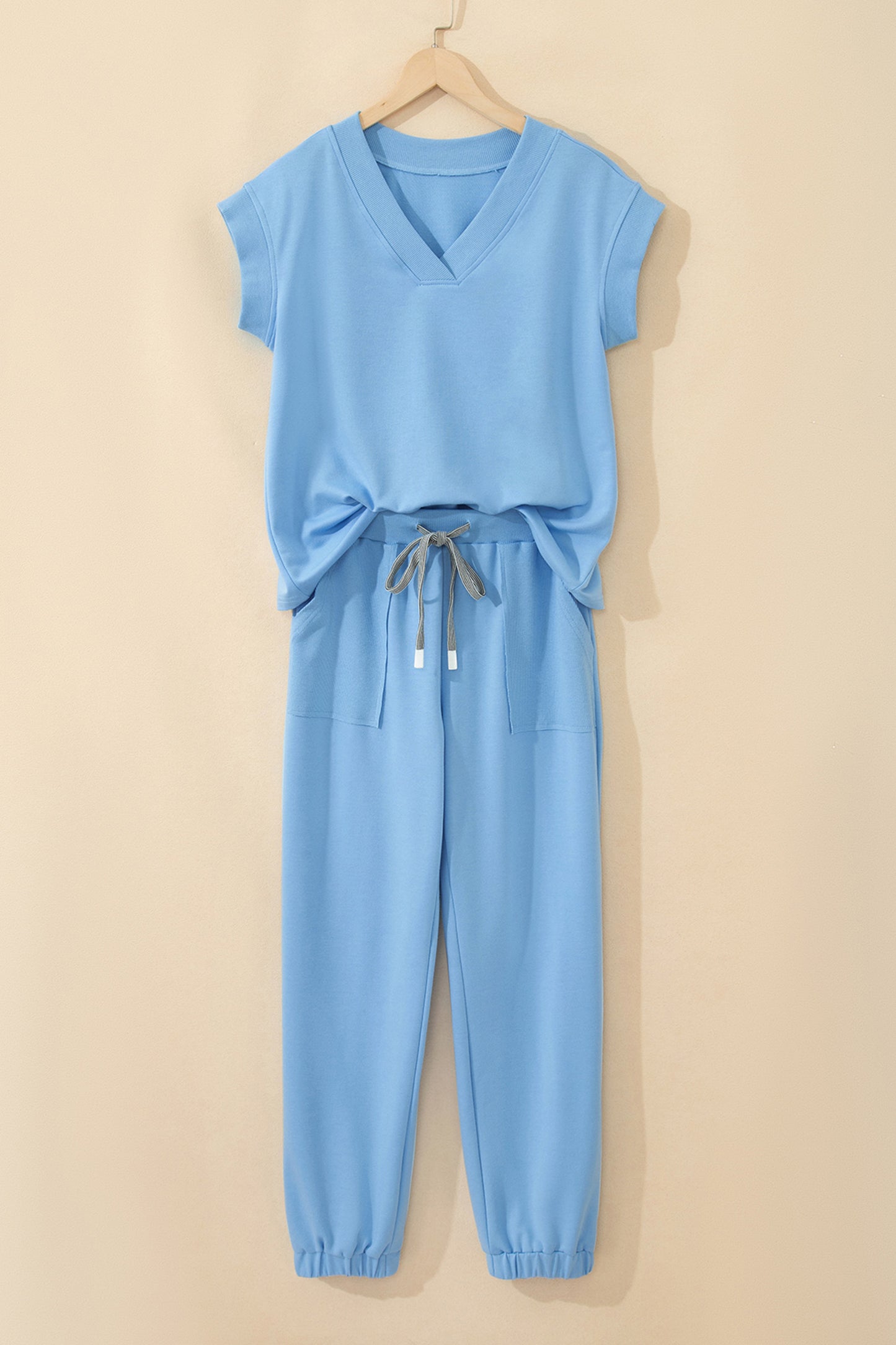 Bonbon Solid Color V Neck Tee Drawstring Pant Set
