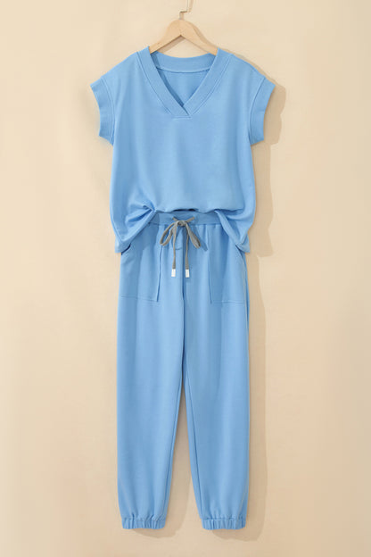 Bonbon Solid Color V Neck Tee Drawstring Pant Set