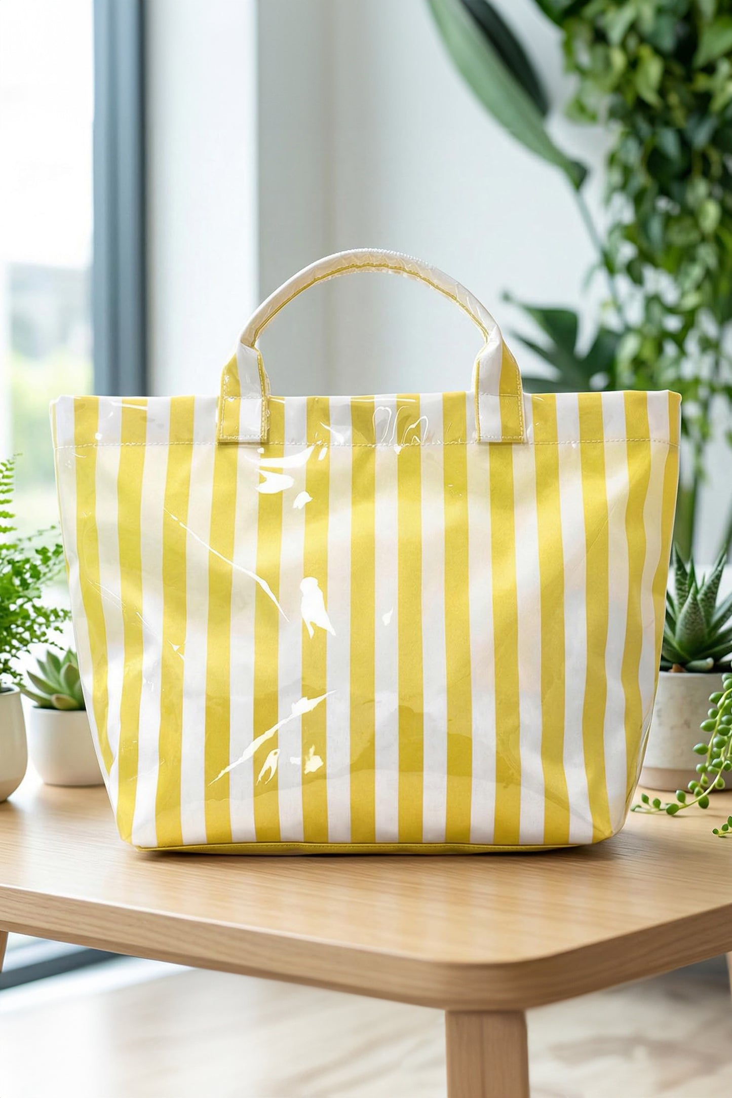 Light Blue Glossy Striped Vinyl Large Tote Bag (Batch Color Gap)