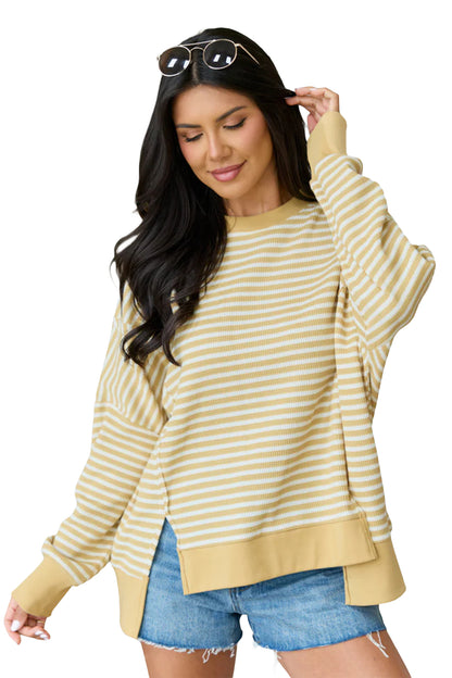 Pink Stripe Textured Knit Color Block Trim Split Hem Long Sleeve Top