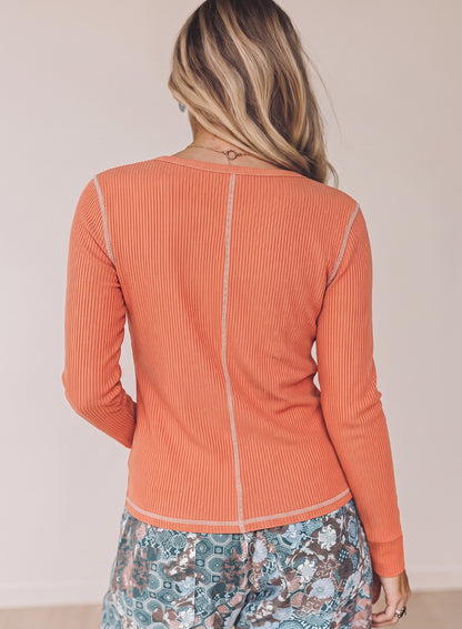 Peacock Blue V Neck Ribbed Stitched Detail Long Sleeve Top
