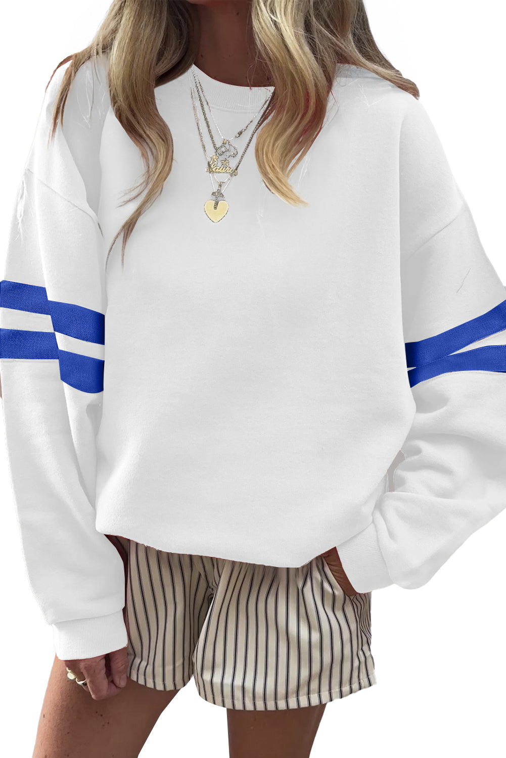 Navy Blue Preppy Striped Sleeve Loose Sweatshirt