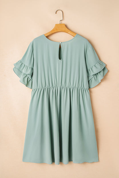 Grass Green Plain Ruffle Hem Plus Size Flared Mini Dress