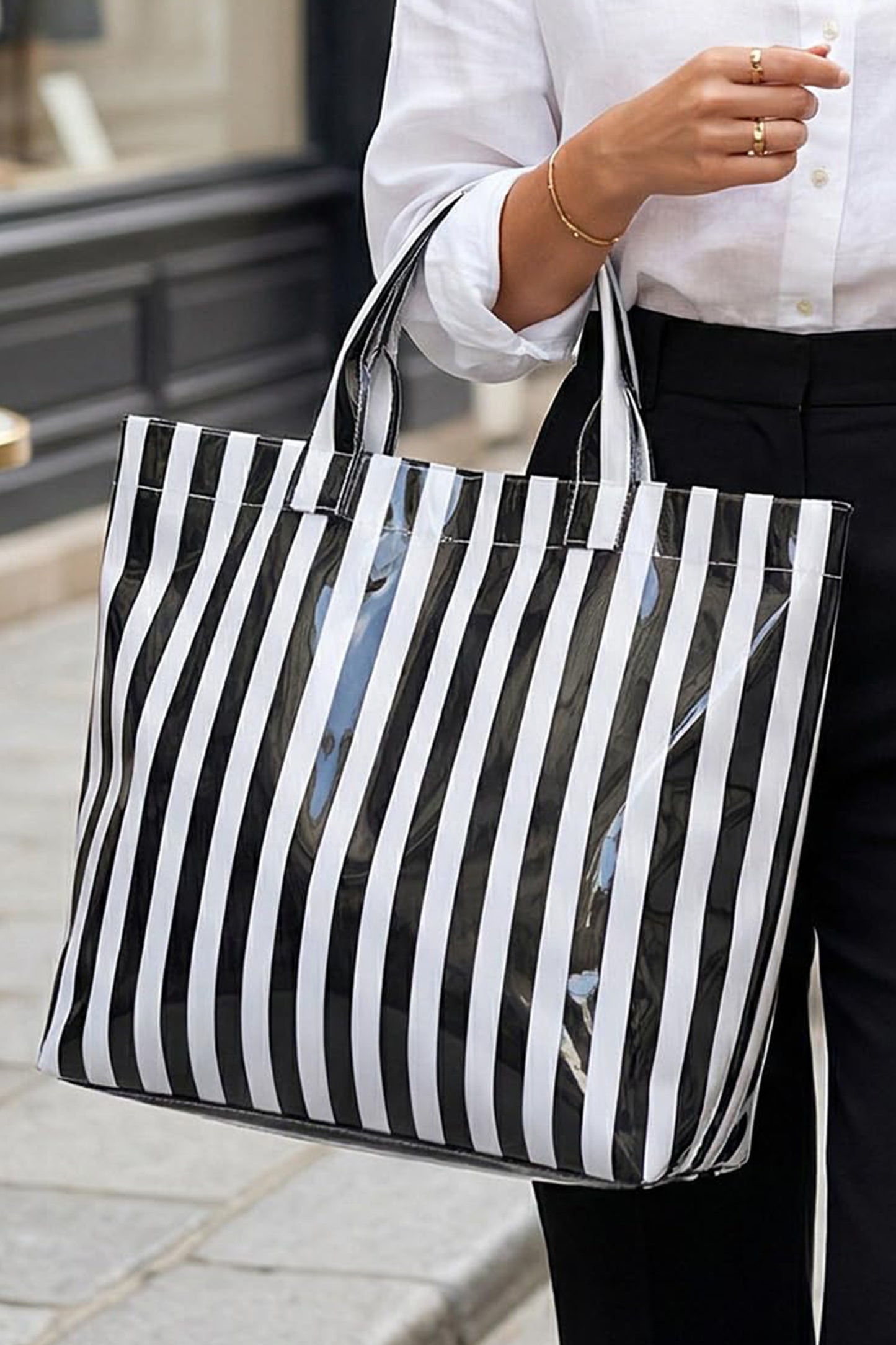 Light Blue Glossy Striped Vinyl Large Tote Bag (Batch Color Gap)