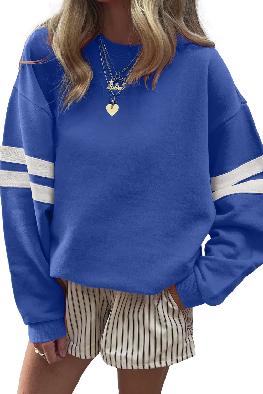 Navy Blue Preppy Striped Sleeve Loose Sweatshirt