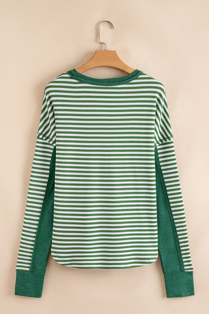 Green Striped Patchwork Knit Drop Shoulder Top