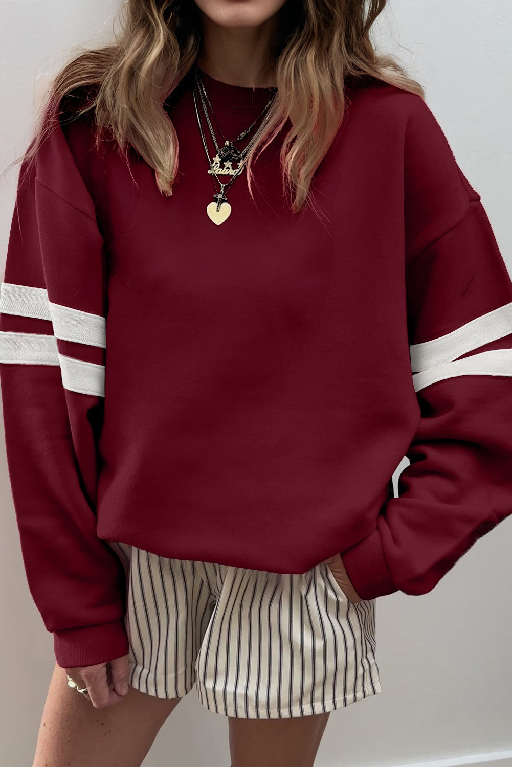 Navy Blue Preppy Striped Sleeve Loose Sweatshirt