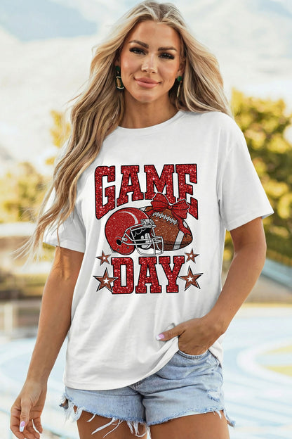 White Glitter GAME DAY Rugby Printed Short Sleeve Casual Tee