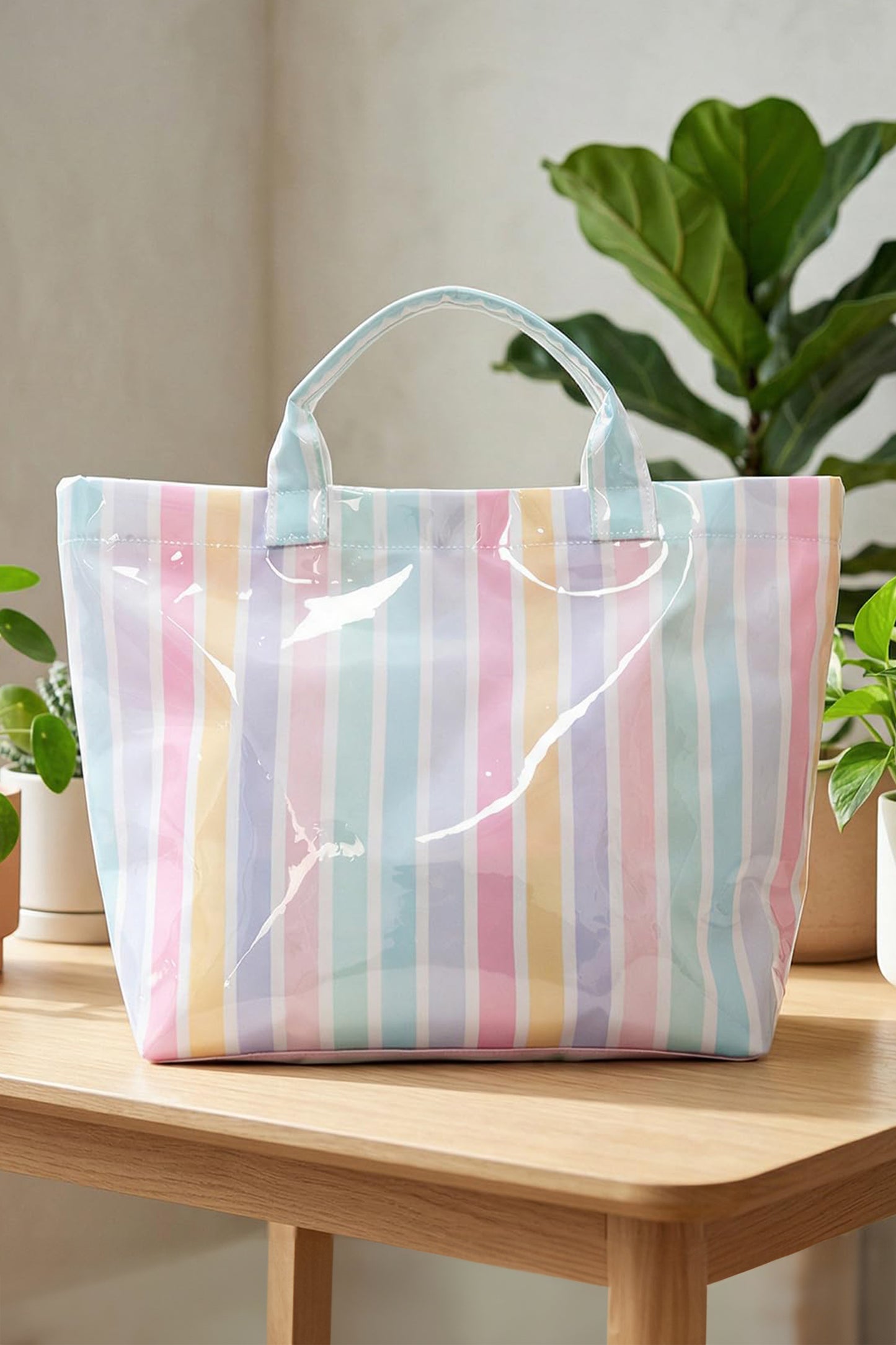 Light Blue Glossy Striped Vinyl Large Tote Bag (Batch Color Gap)