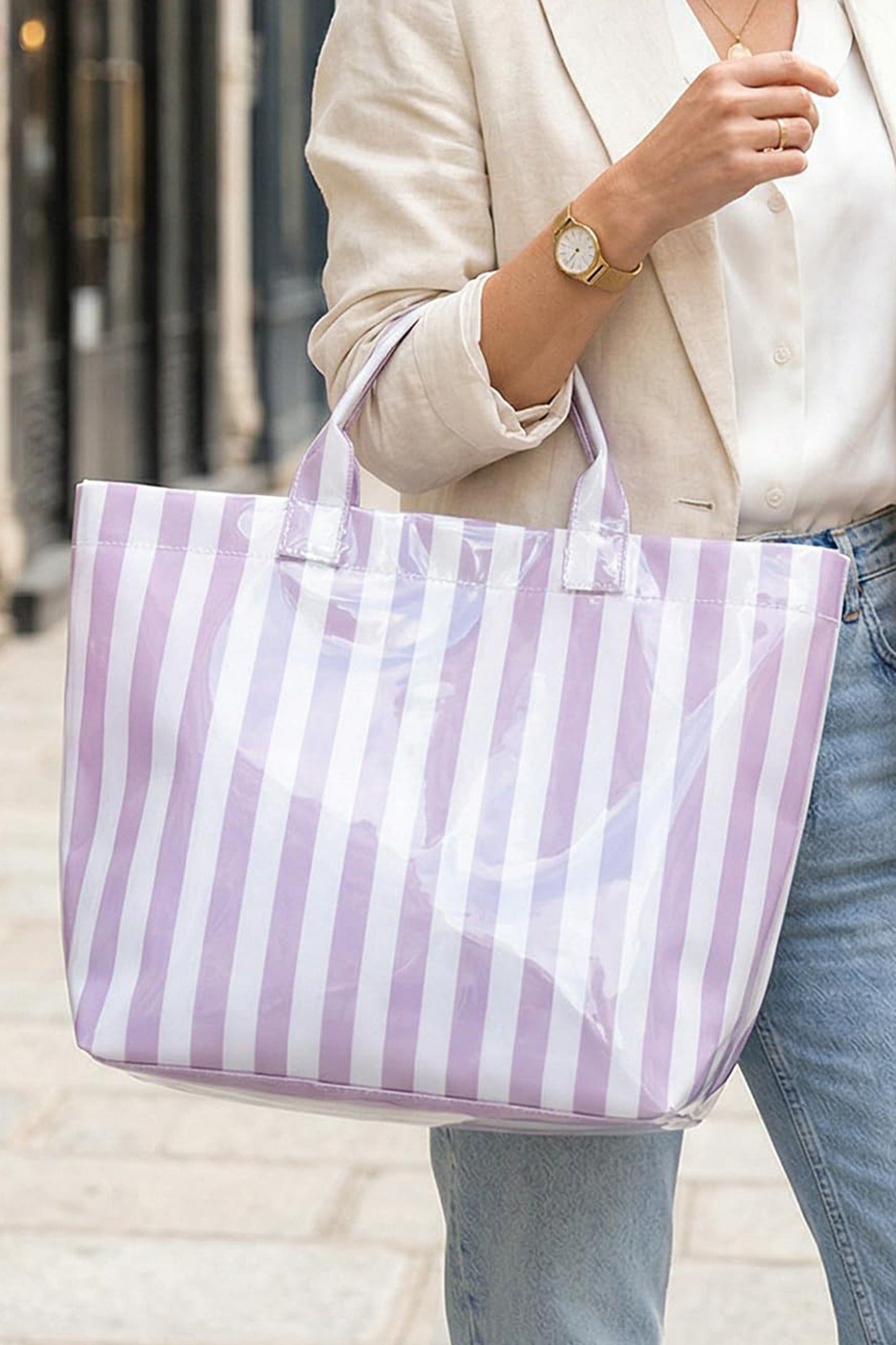 Light Blue Glossy Striped Vinyl Large Tote Bag (Batch Color Gap)
