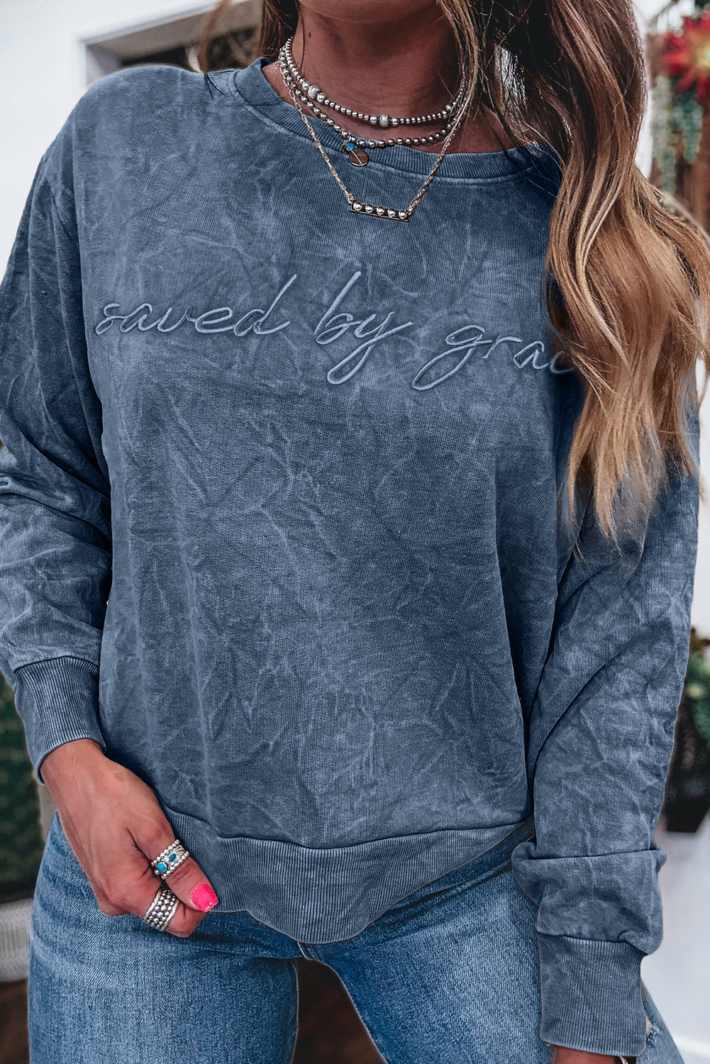 Sea Green  saved by grace Letter Embroidery Mineral Wash Loose Sweatshirt